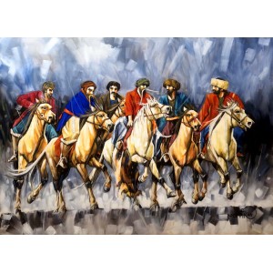 Momin Khan, 36 x 48 Inch, Acrylic on Canvas, Buzkashi Painting, AC-MK-141